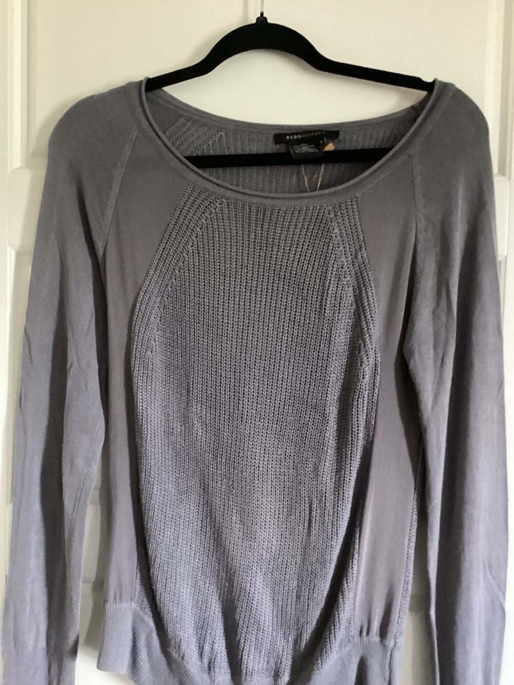 BCBGMAXAZRIA Gray Ribbed Knit and Woven Panel Long Sleeve Scoop Neck Sweater Siz